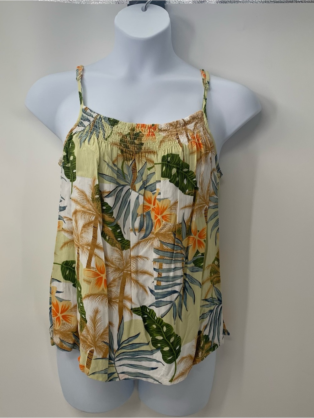 Tropical Print Women's Green & Orange Spaghetti Strap Tank Top XL